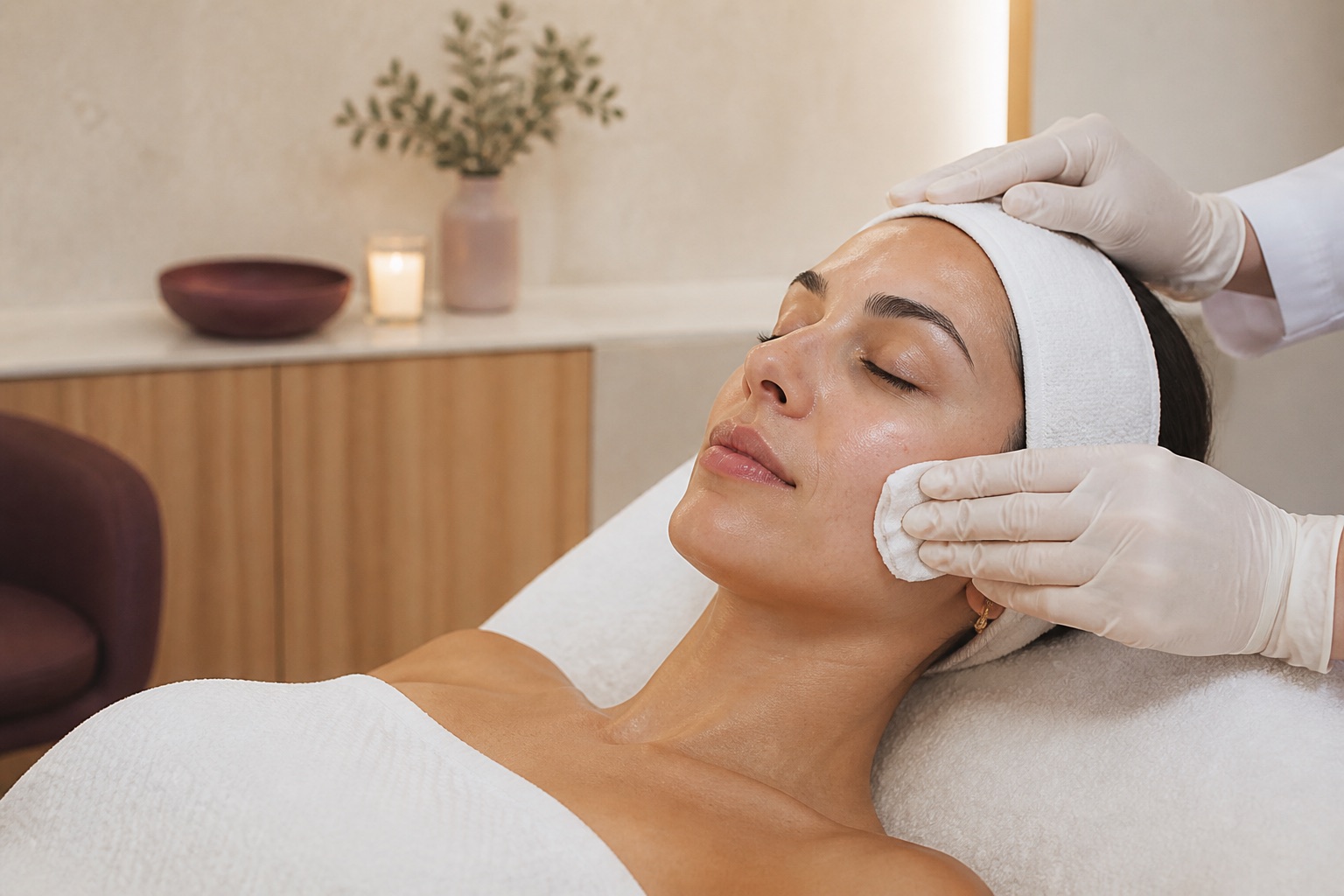 Cena editorial de cuidado facial em ambiente acolhedor